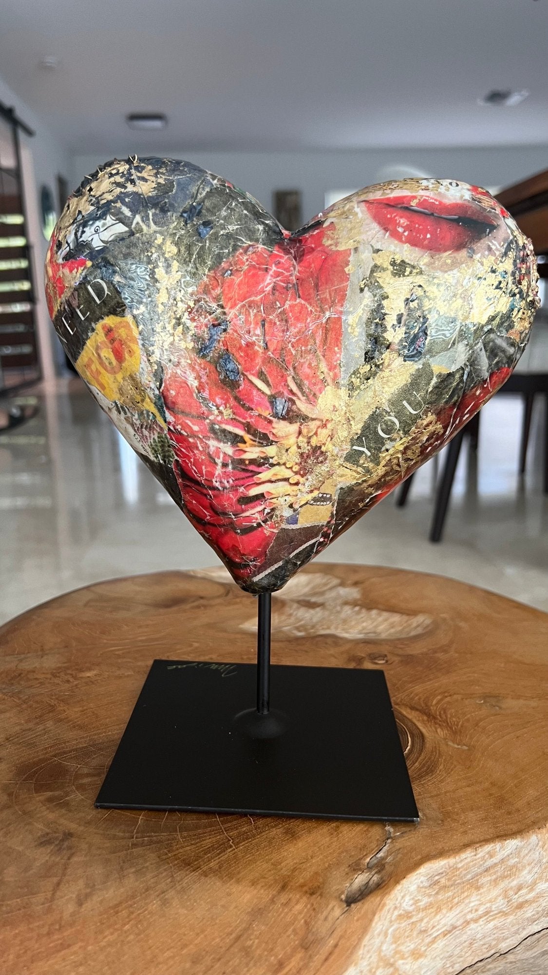small sculpture of a colorful mixed media collage heart, a perfect gift for your love ones