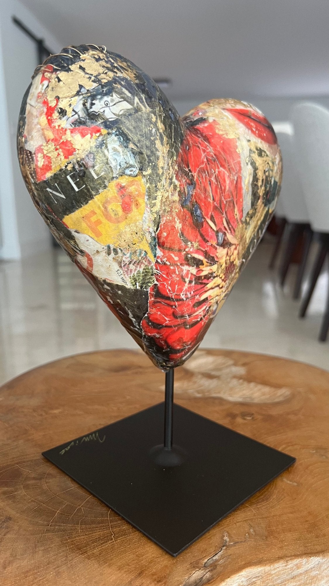 small sculpture of a colorful mixed media collage heart, a perfect gift for your love ones