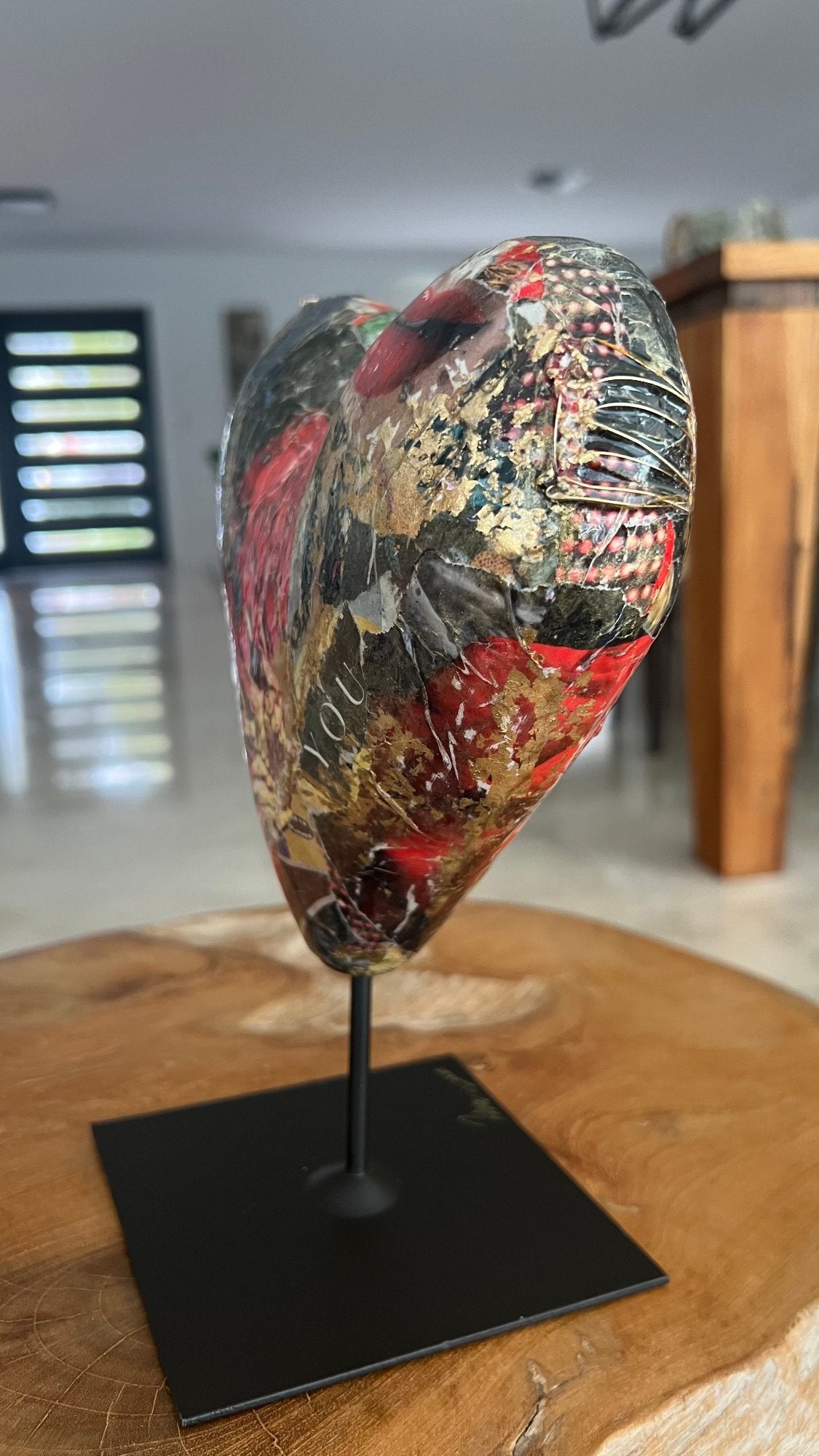 small sculpture of a colorful mixed media collage heart, a perfect gift for your love ones