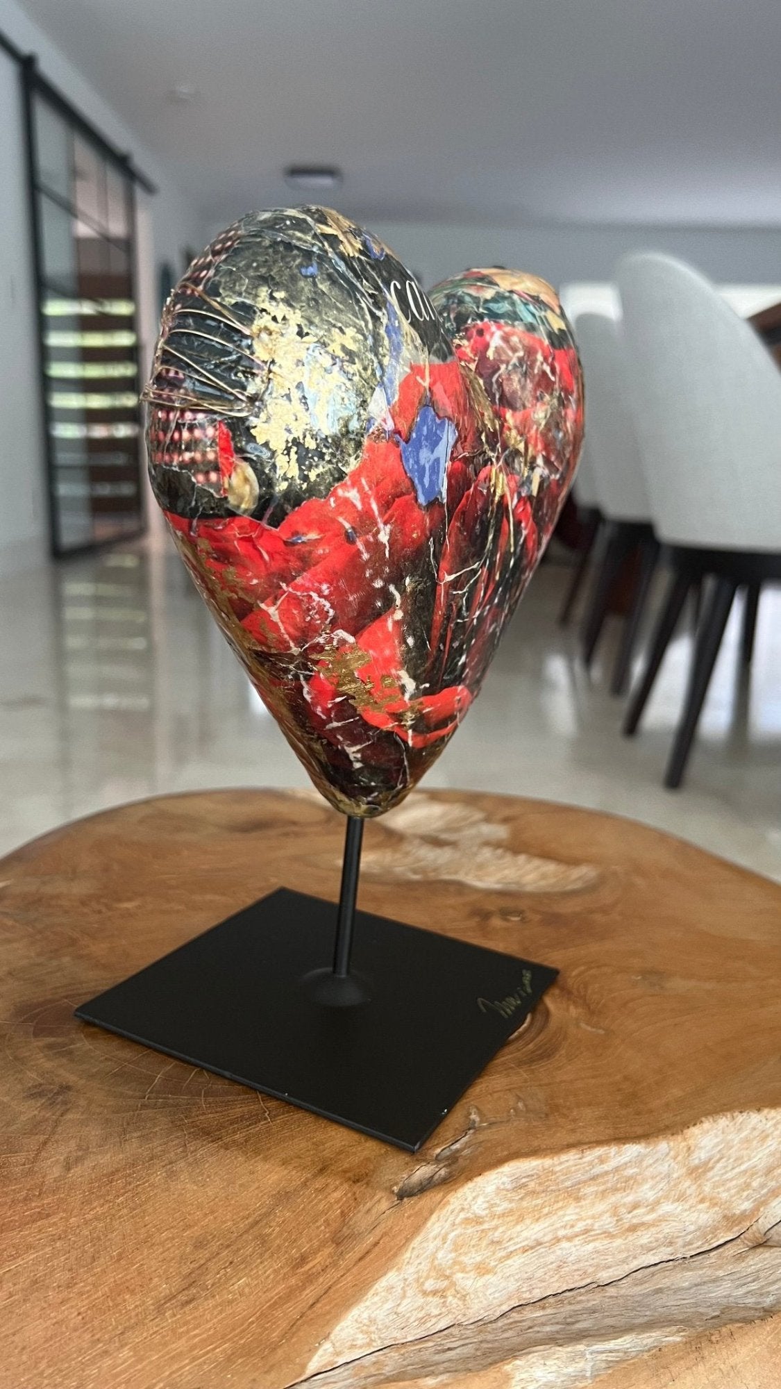 small sculpture of a colorful mixed media collage heart, a perfect gift for your love ones