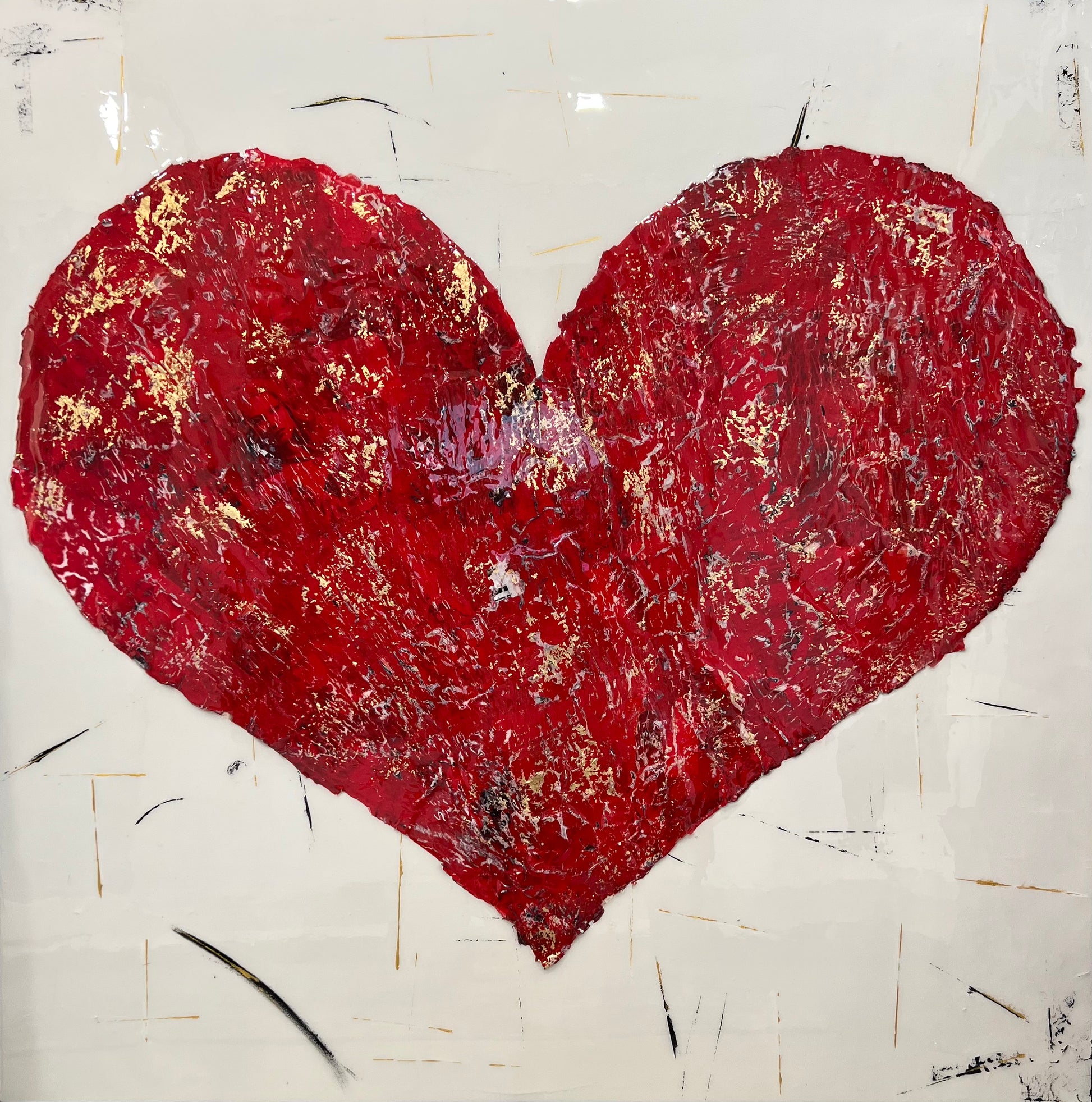 a mixed media collage artwork of a red heart size: 48" x 48" on wood panel and resin