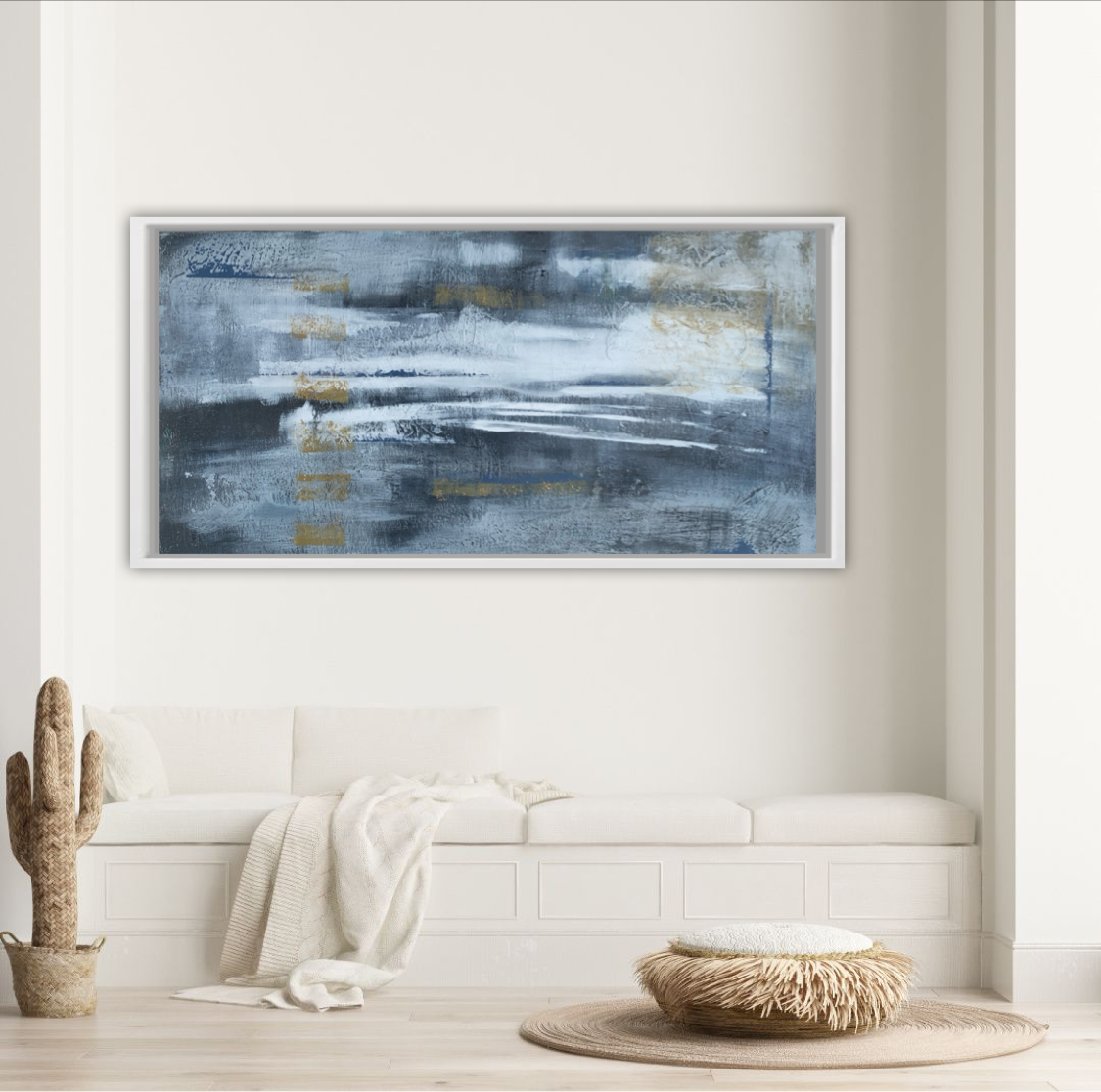 Blue Steel Abstract Mixed Media Painting on Canvas in Modern Living Room Setting.